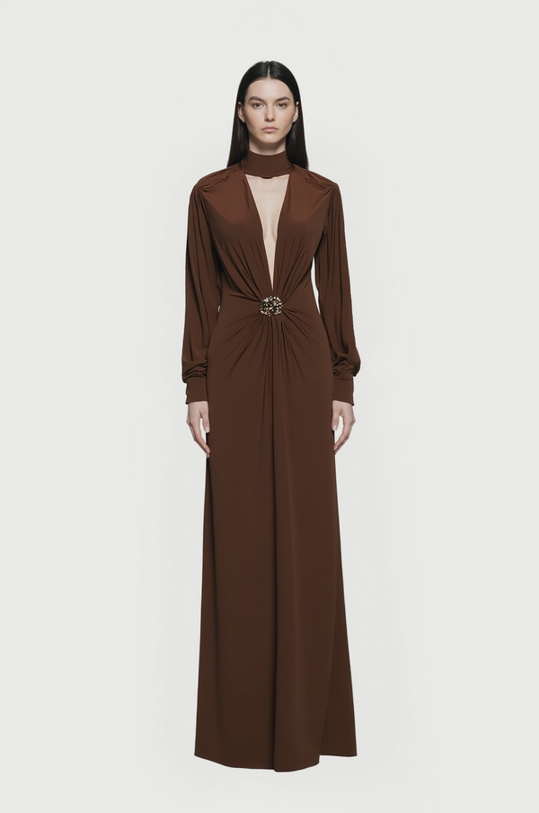 Roman Holiday Long V-neck dress in BROWN