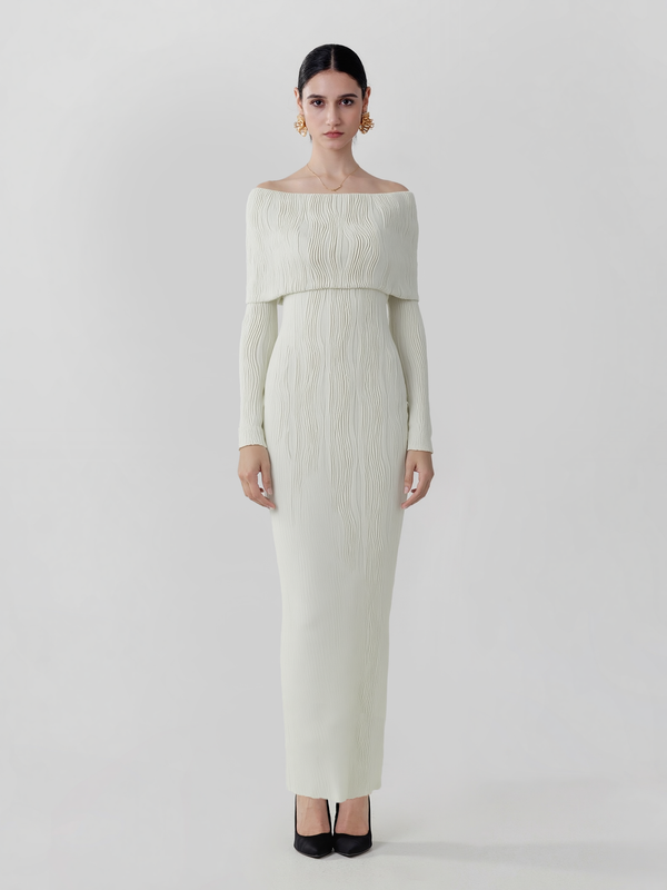 Paris Holiday One-shoulder three-dimensional pattern  dress in Cream