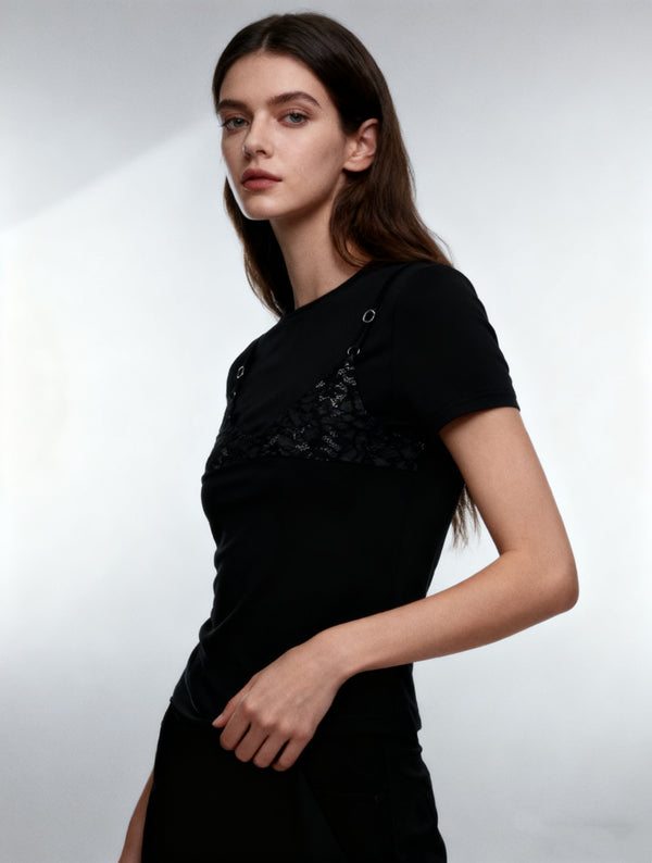 Y2K splicing short sleeved Shirt in BLACK