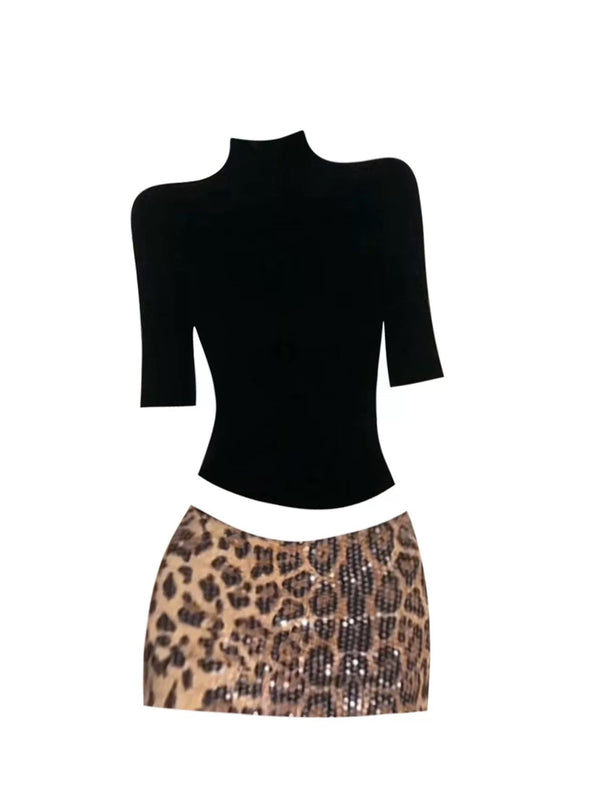 Y2K sequined leopard print mini dress set