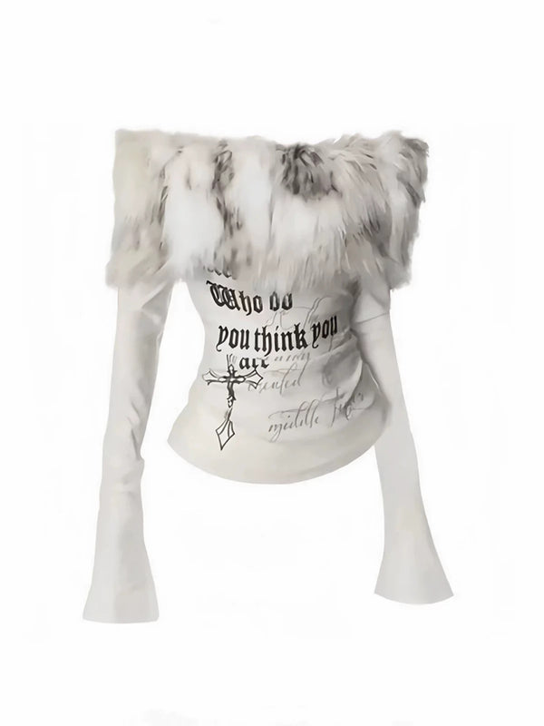 Y2K One shoulder fur collar patchwork top