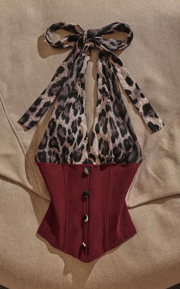 Y2K leopard print spliced fishbone halter top