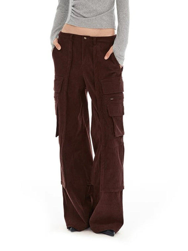 Corduroy retro patchwork wide leg pants in BROWN