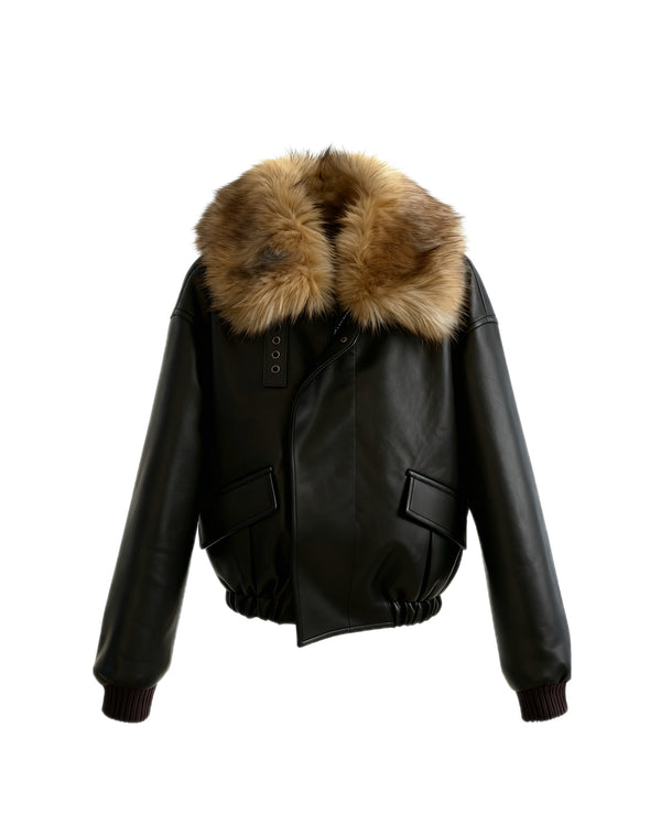 Cyberpunk Faux Fur collar leather jacket in BLACK