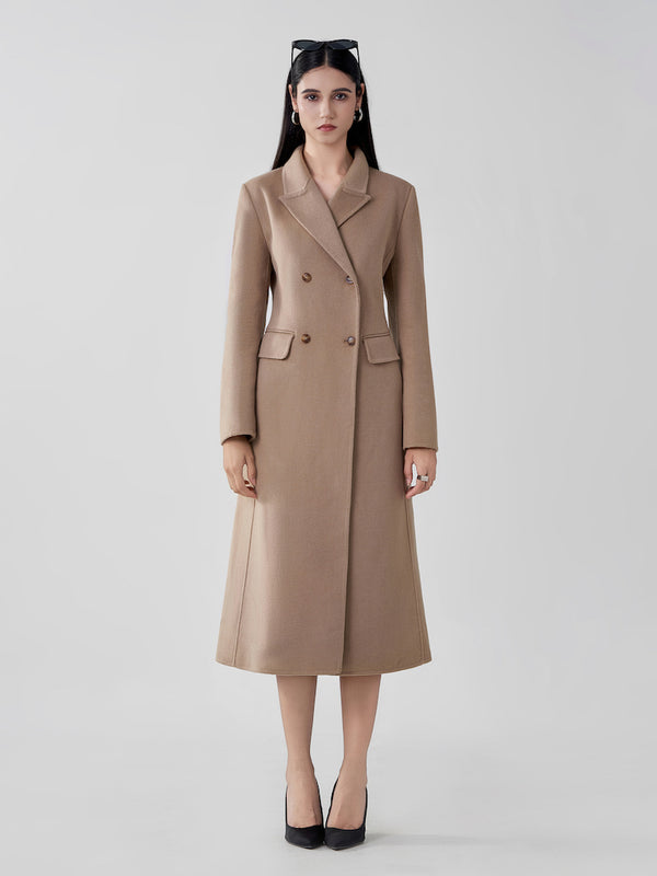 Minimalist long sheep wool Coat in Camel